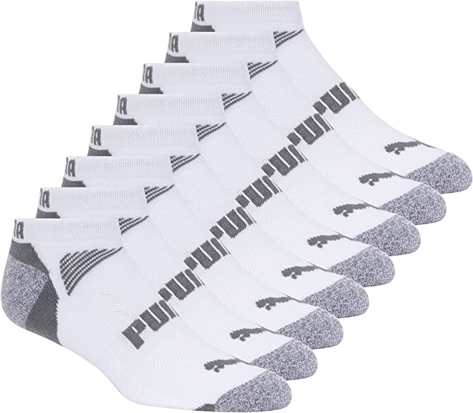 Puma Men's Low Cut 8 Pack Sport Socks, Moisture Control, Arch Support Men's Sock Size 13-15 - White/Steel Grey