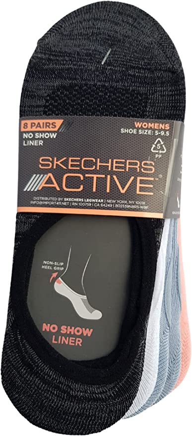 Skechers Women No Show Liner Sock 8 Pack - Black/White/Blue/Pink Shoe Size 5-9.5