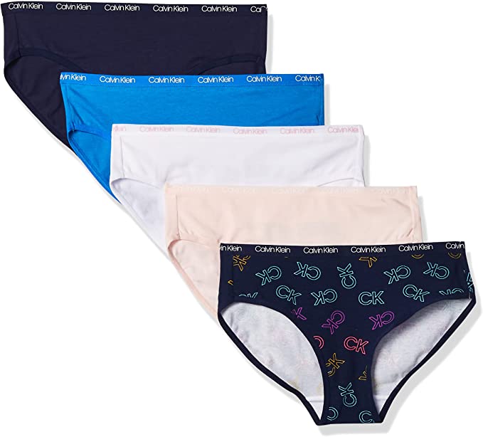 Calvin Klein Girls' Underwear Cotton Bikini Briefs Panty, 5 Pack - French Blue/Crystal Pink/Ck Rainbow/White/Symphony
