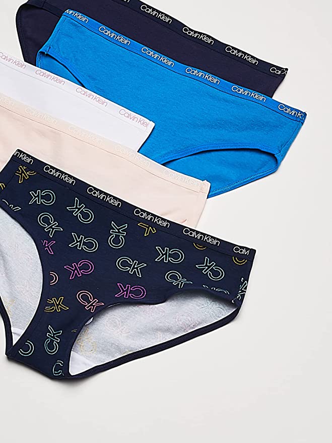 Calvin Klein Girls' Underwear Cotton Bikini Briefs Panty, 5 Pack - French Blue/Crystal Pink/Ck Rainbow/White/Symphony