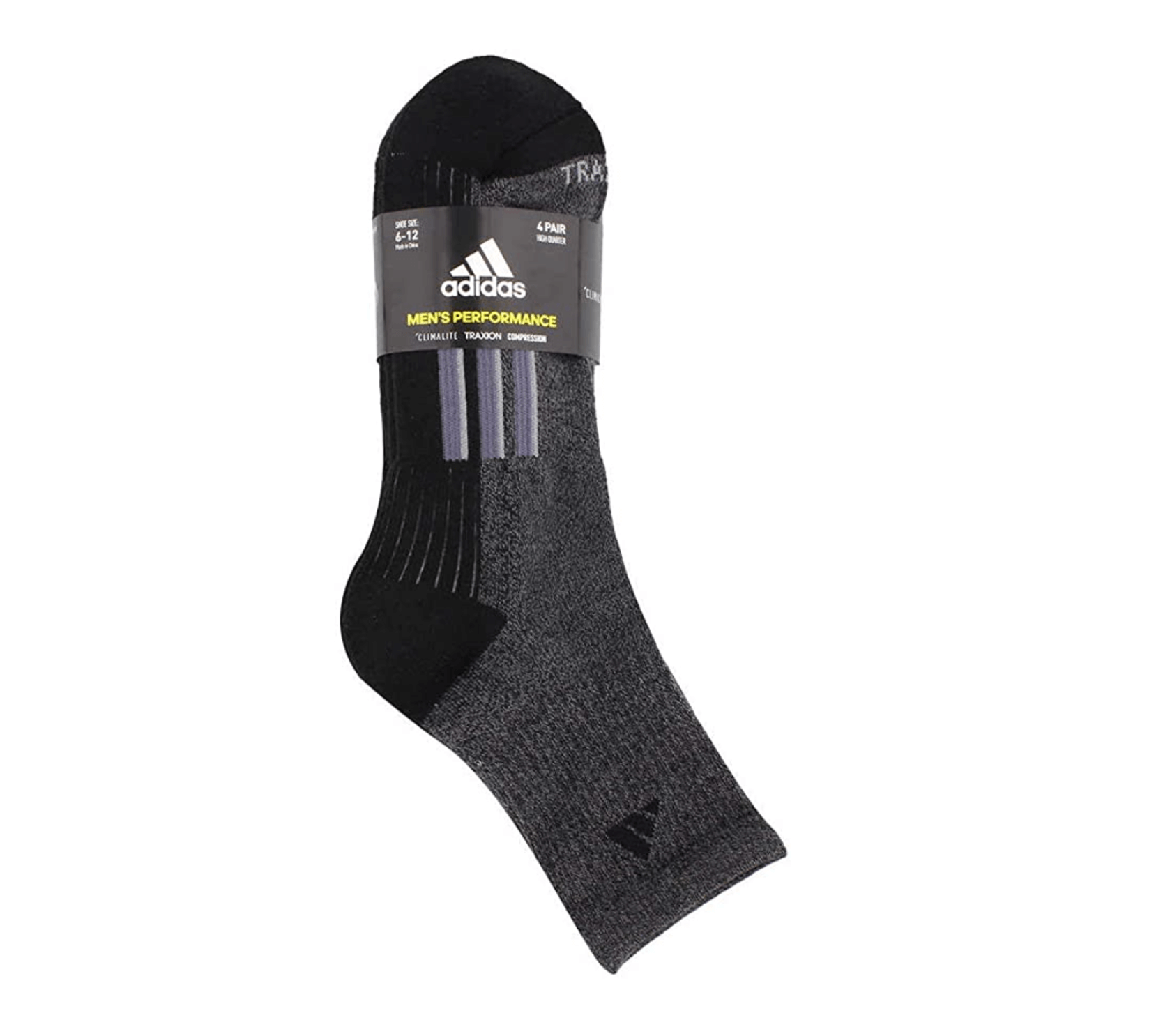 A pack of Adidas Mens Performance Climalite Socks four Pairs in black and grey.
