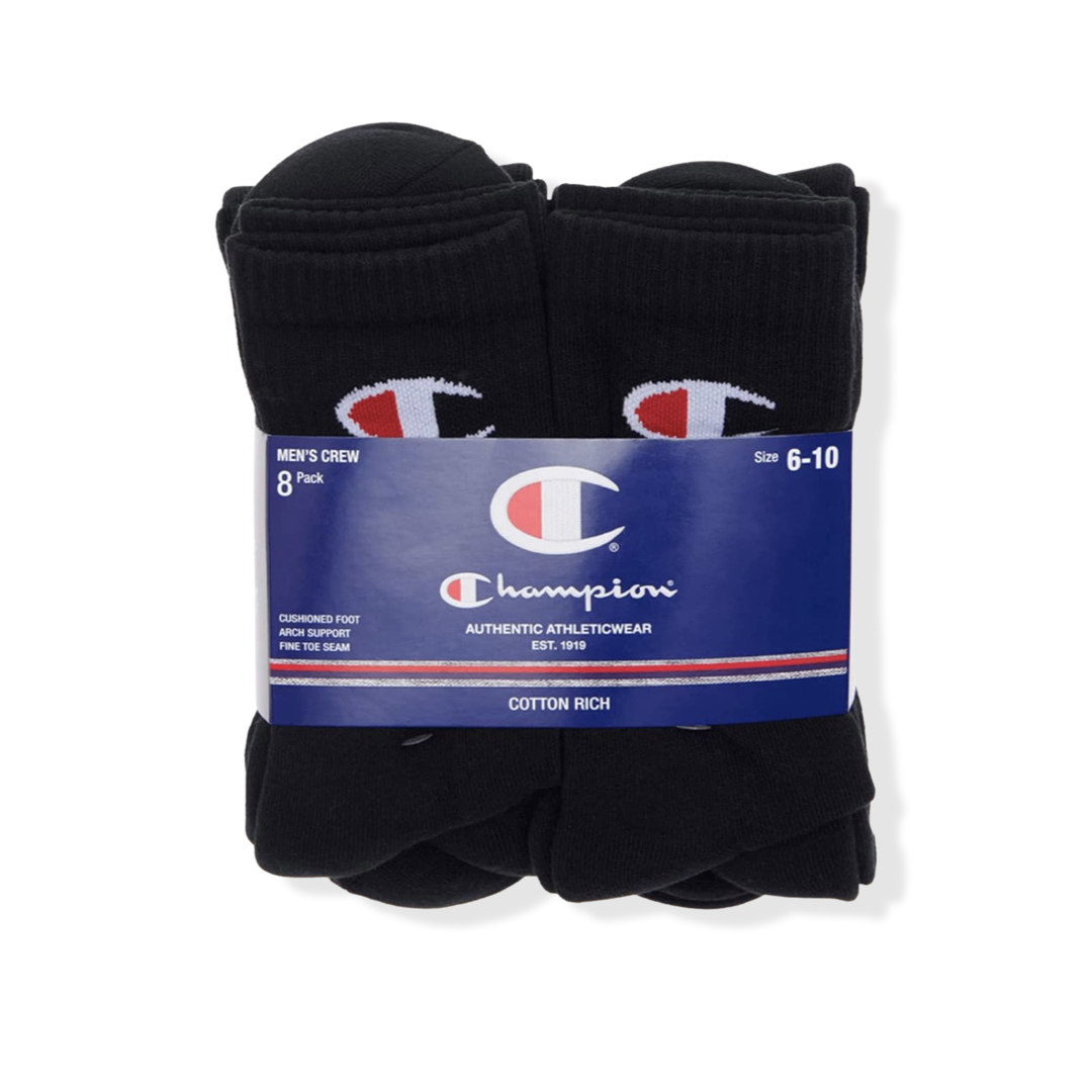 Champion Men's Cushioned Foot Arch Support Crew Socks 8 Pairs - Black