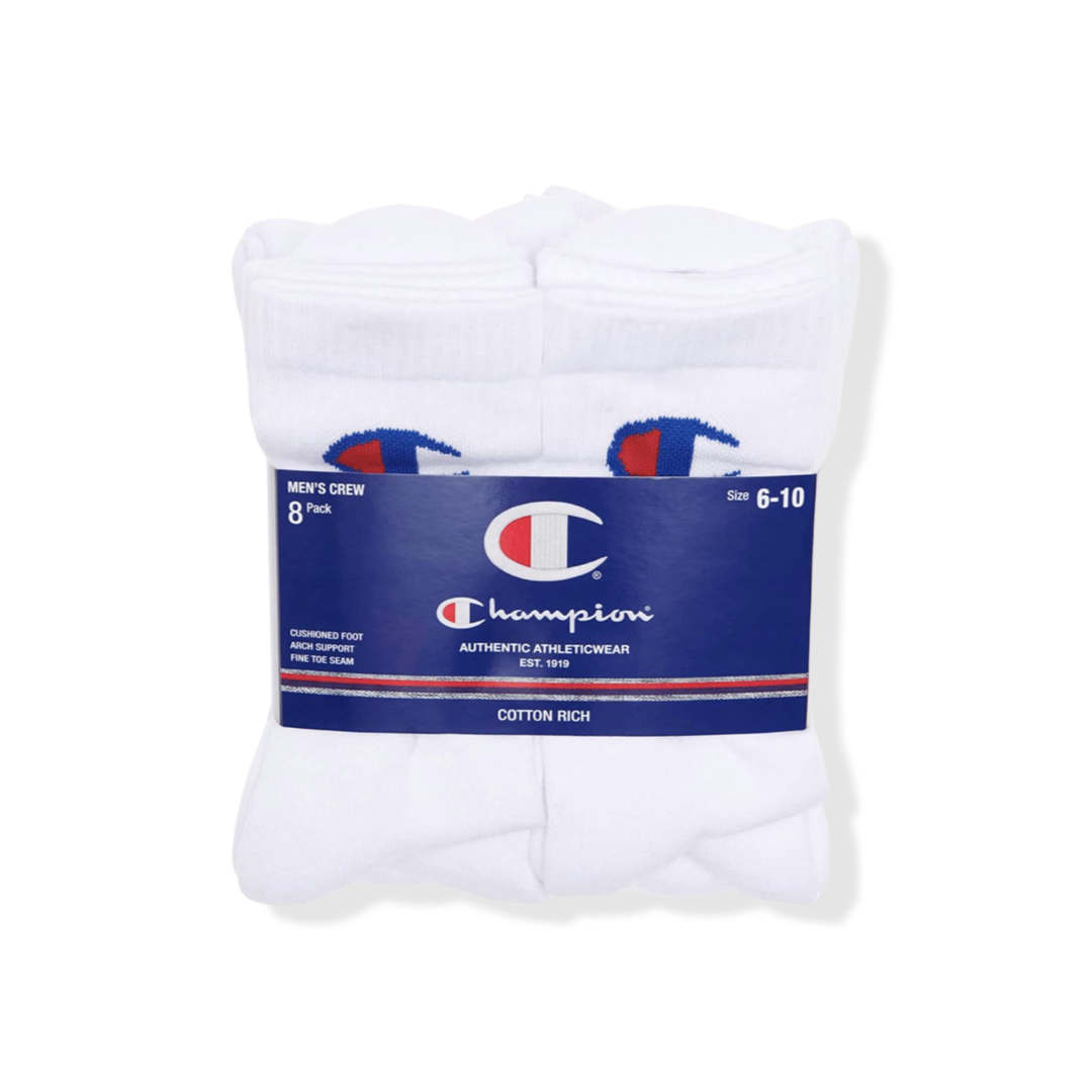 Champion Men's Cushioned Foot Arch Support Crew Socks 8 Pairs - White