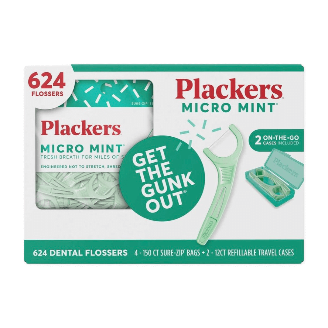 Plackers Micro Mint Flossers 4 x 150 CT bags + 2 12 CT Refillable Travel Cases