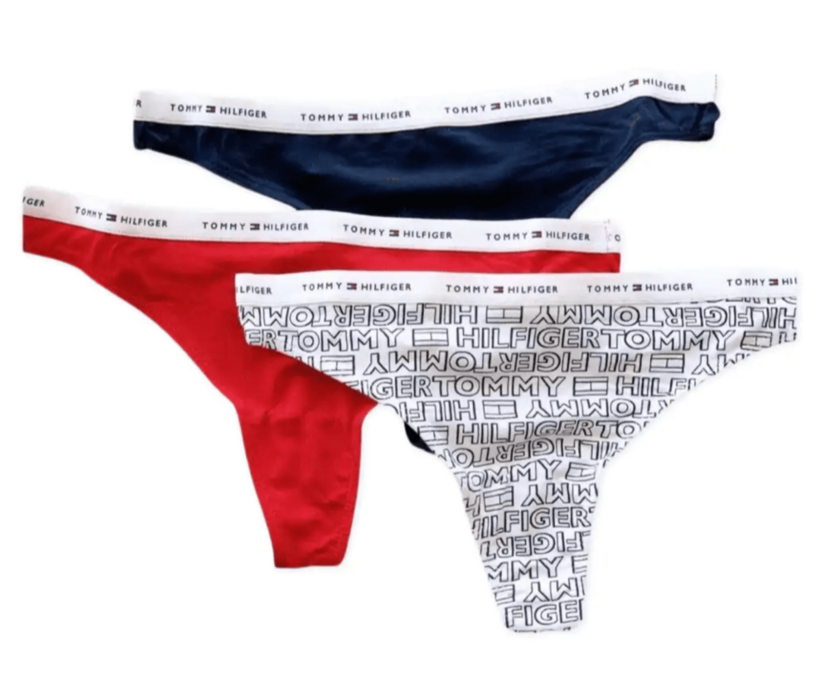 Tommy Hilfiger Women’s Soft Stretch Cotton Thongs Underwear 3-Pack - Navy/Red/White Tommy Print