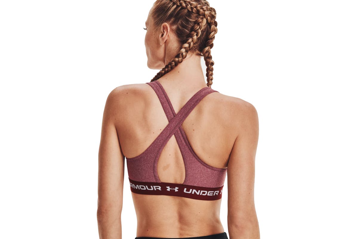 Under Armour Women's Crossback Mid Heather Sports Bra - League Red Light Heather/League Red/Micro Pink