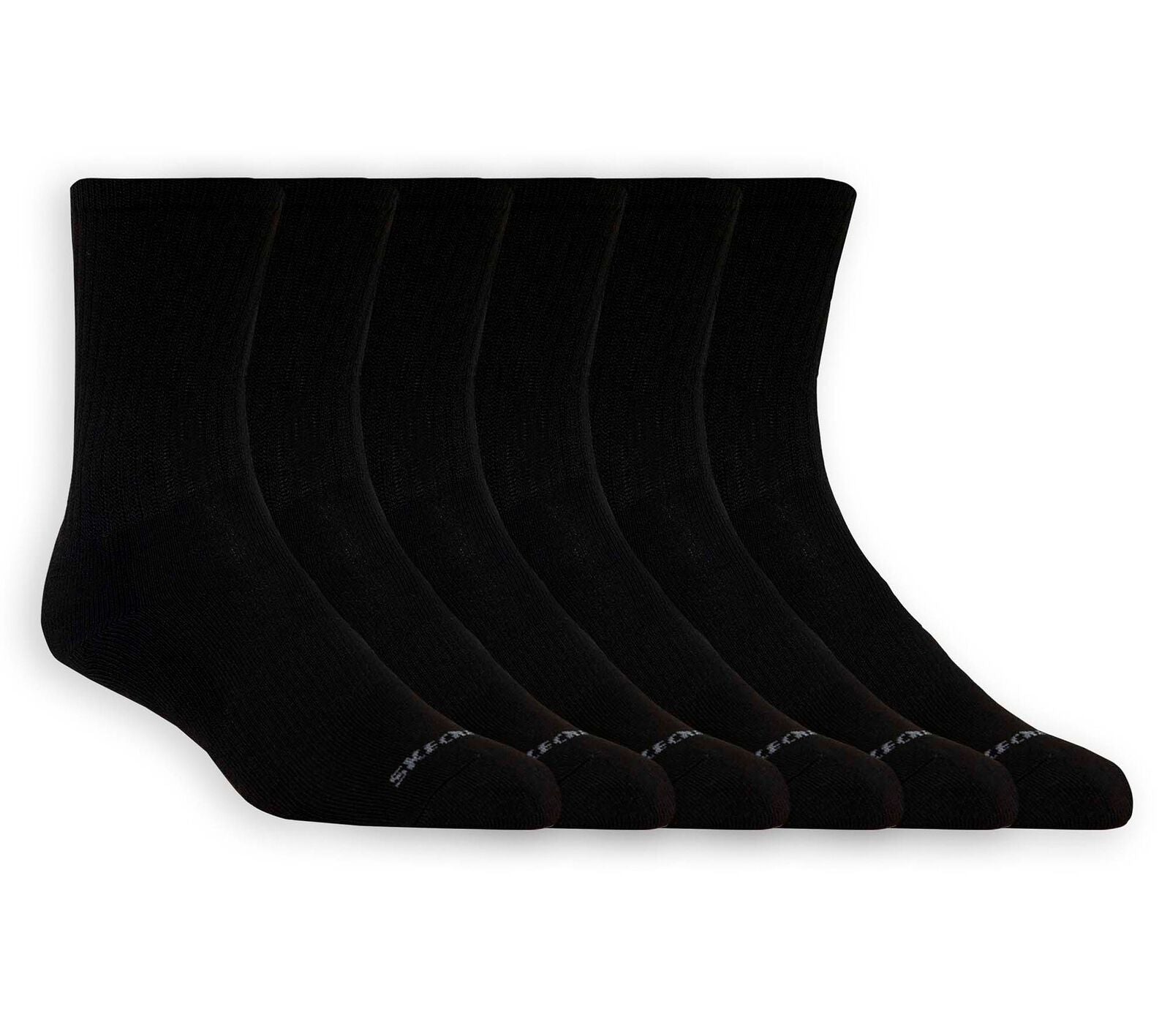 Six pairs of Skechers Men's Crew socks Black with Skechers logo.