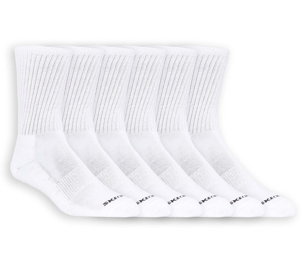 Six pairs of Skechers Men's Crew socks White with Skechers logo.