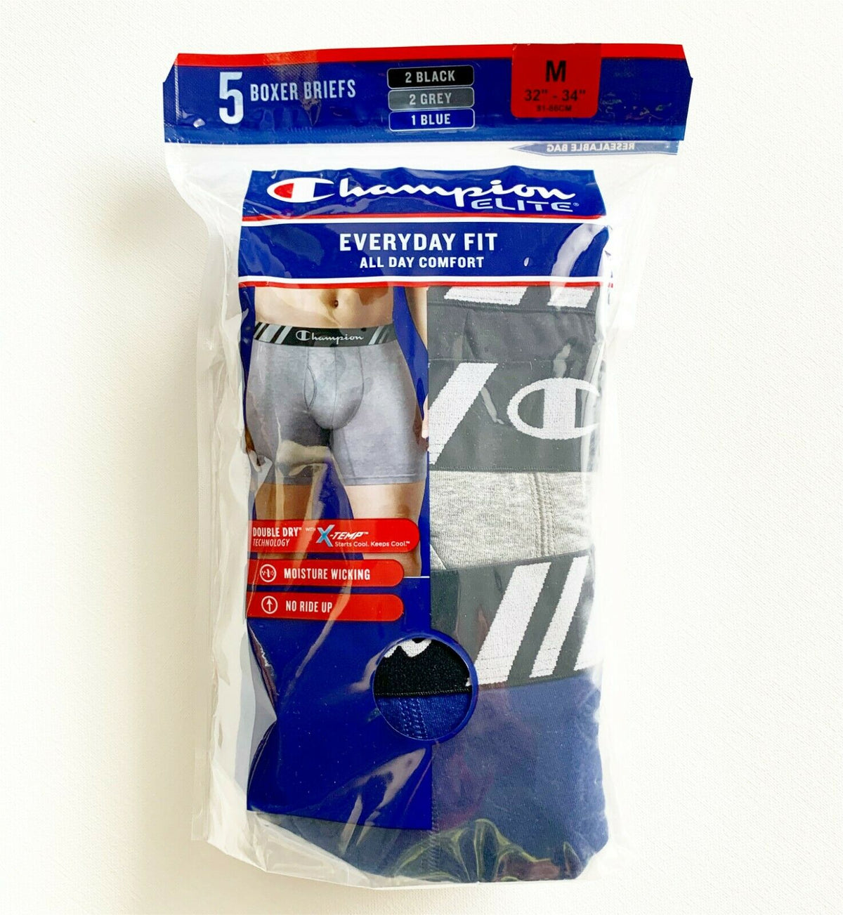 Champion Men's Elite X-Temp Double Dry Technology Boxer Briefs Underwears 5 Pack - Black/Grey/Blue